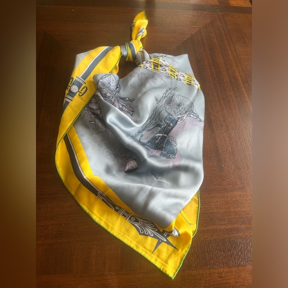 Ba Shidi 100% Silk Scarf Automobile Motif Silk Woven Design Yellow Gray Chinese - Picture 2 of 9